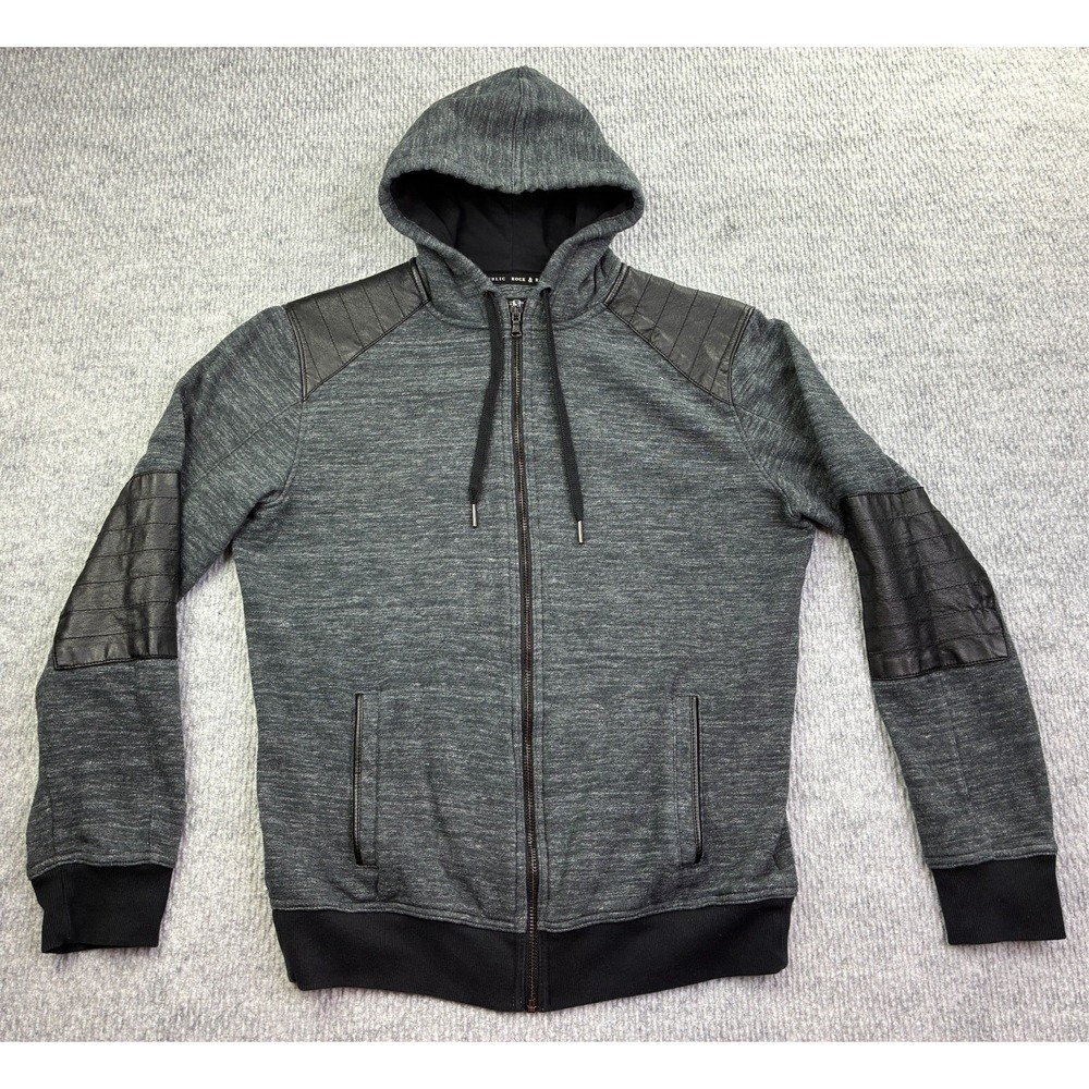 Rock & Republic Men's Small Gray Full Zip Hoodie Faux Leather Moto Panels